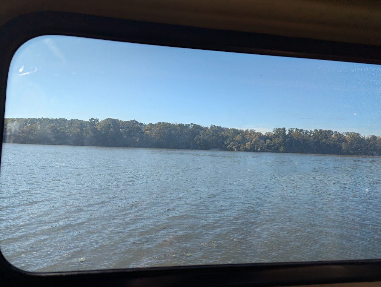 As shot of the hudson river from the train back