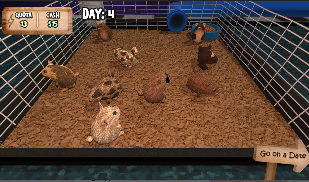 The hamsters in the game sitting in their hamster cage. Aren't they cute!