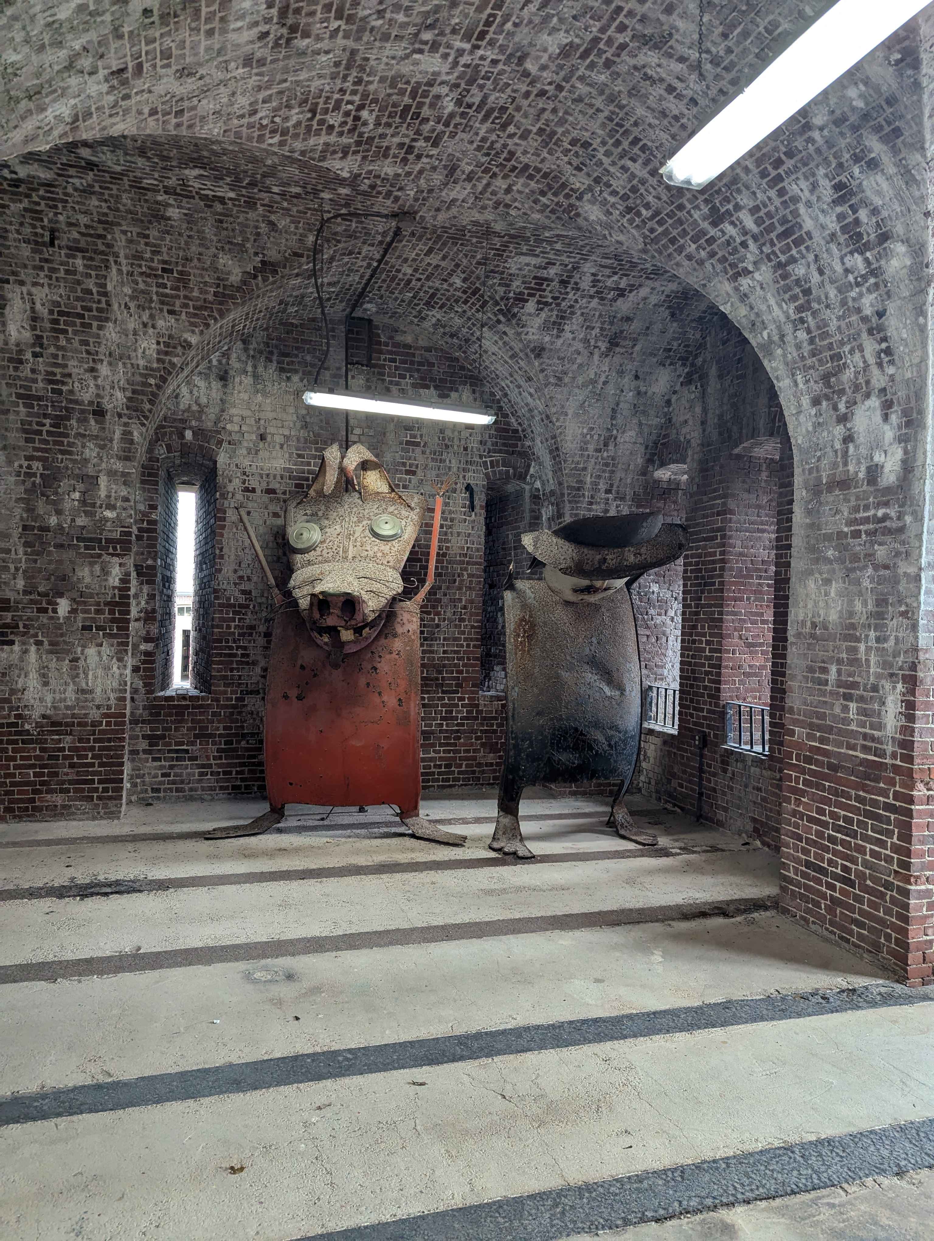 Local artist's sculptures in the Fort Martello Museuem. They are made from scrap items