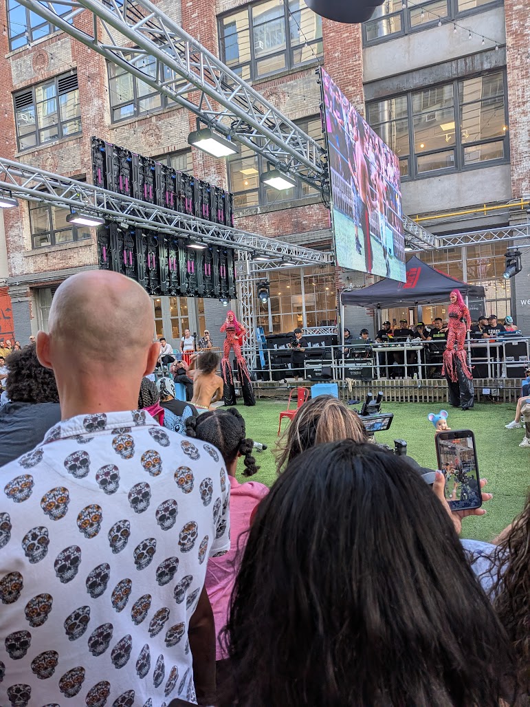 The Cheetah Girls! They were walking around dancing on the stilts during the match.
