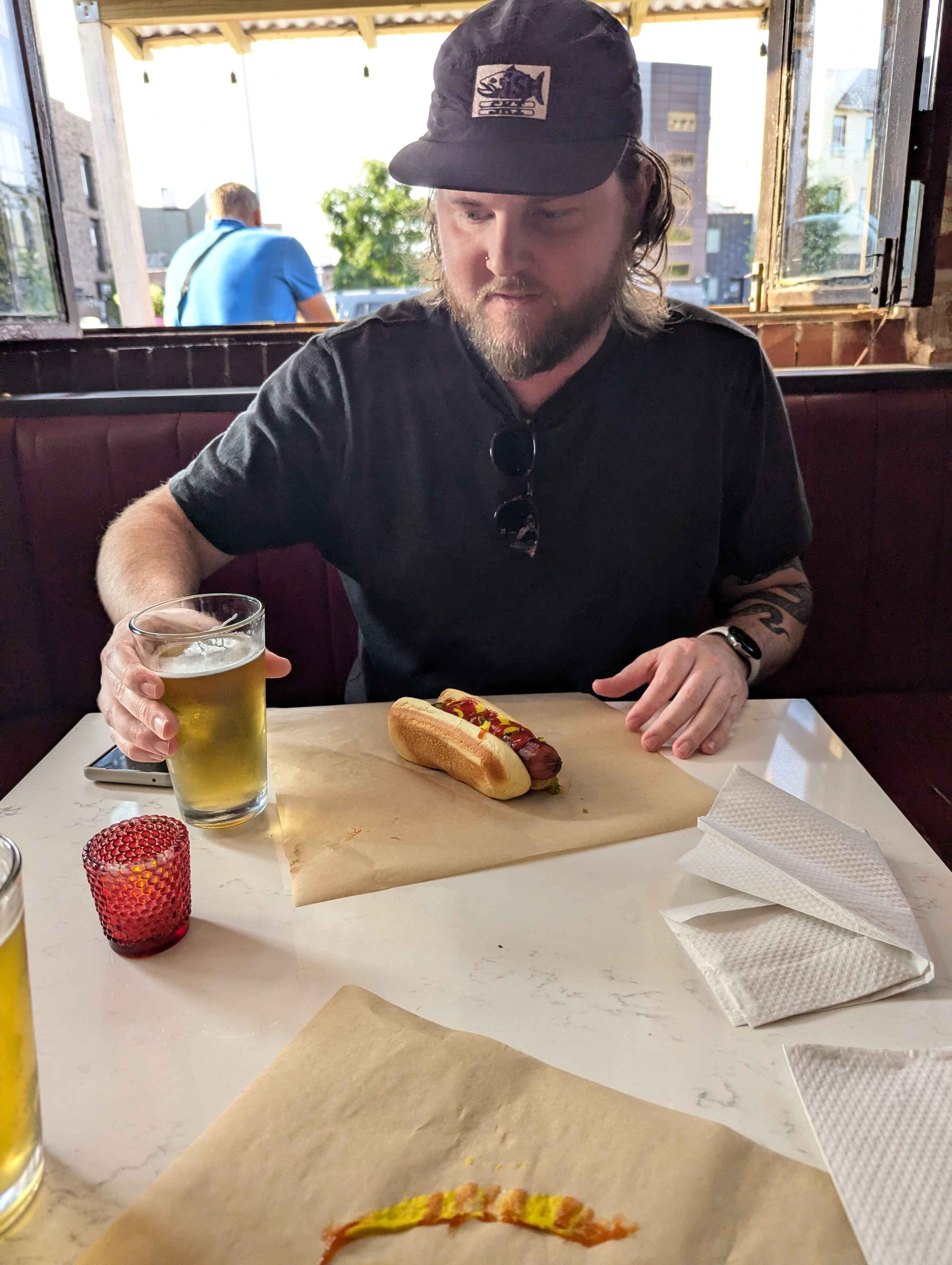 One of our local bars "Easy Lover" had a promo for buy one beer get a free hotdog for July 4th.