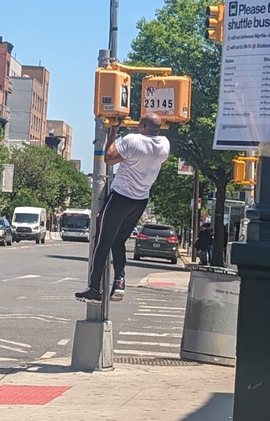 A local man casually working out in public using equitment bought by his tax
dollars.