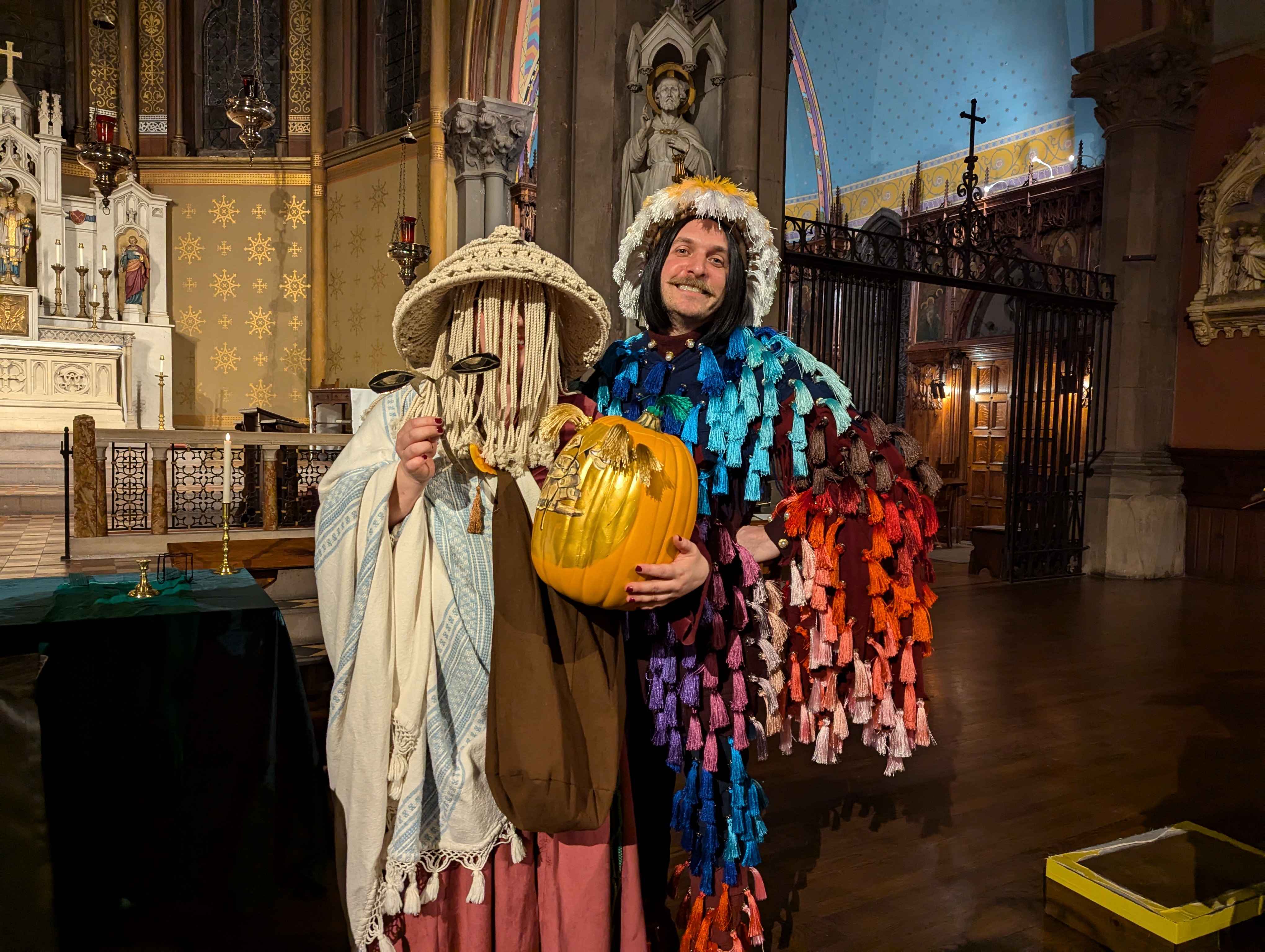 Posing with my prize and with the Greedy Peasant, who put on the event! Tassels were part of the theme so his costume is made of tassesls.