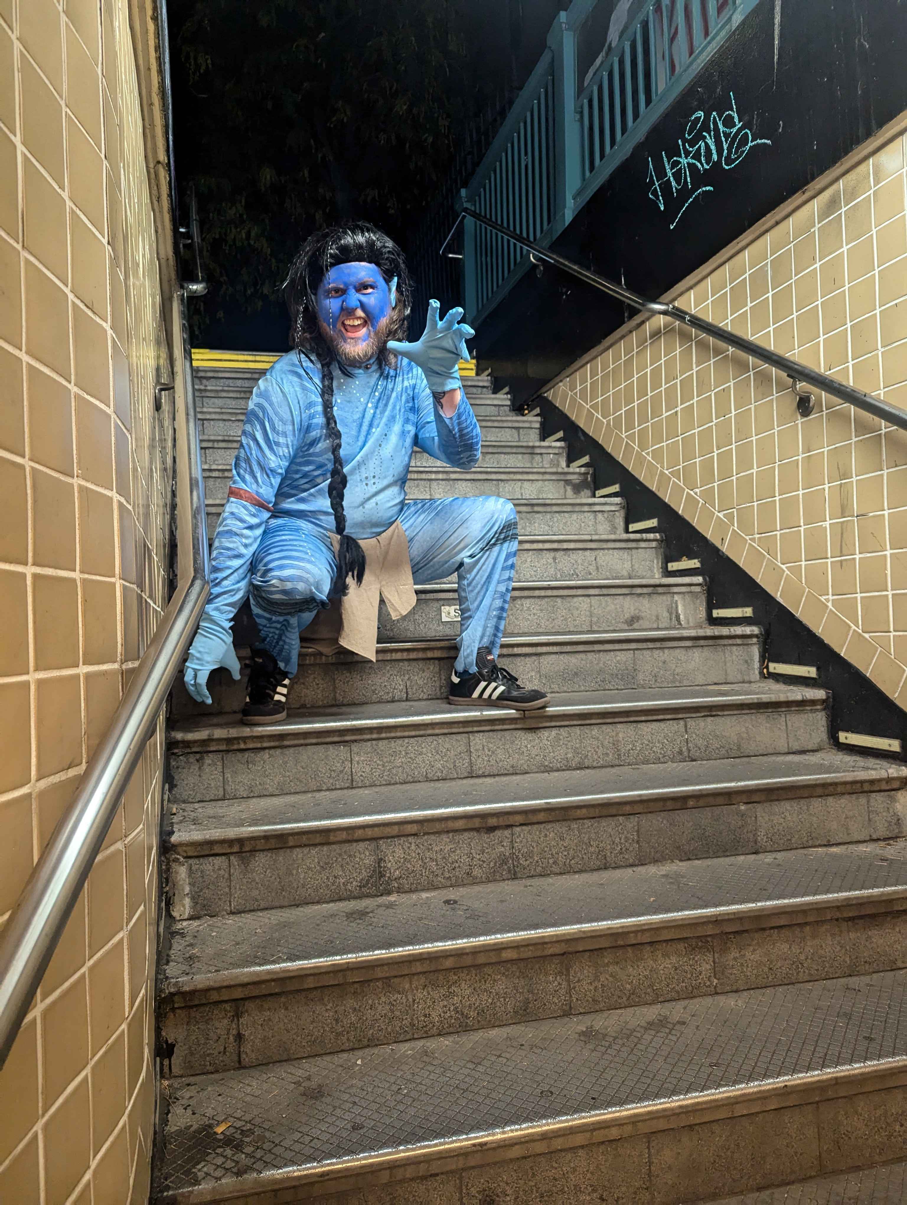 Jake posing in his 'bootleg Avatar' costume. Isn't he scary!
