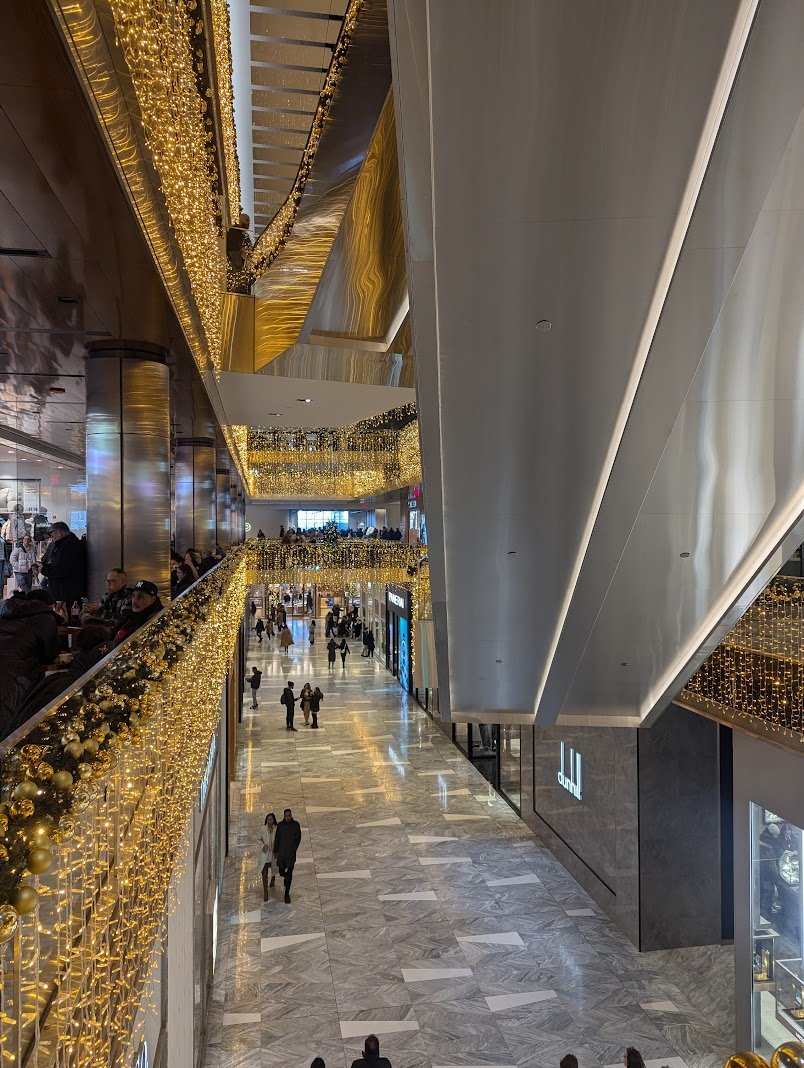 Hudson Yards decorated for Christmas.