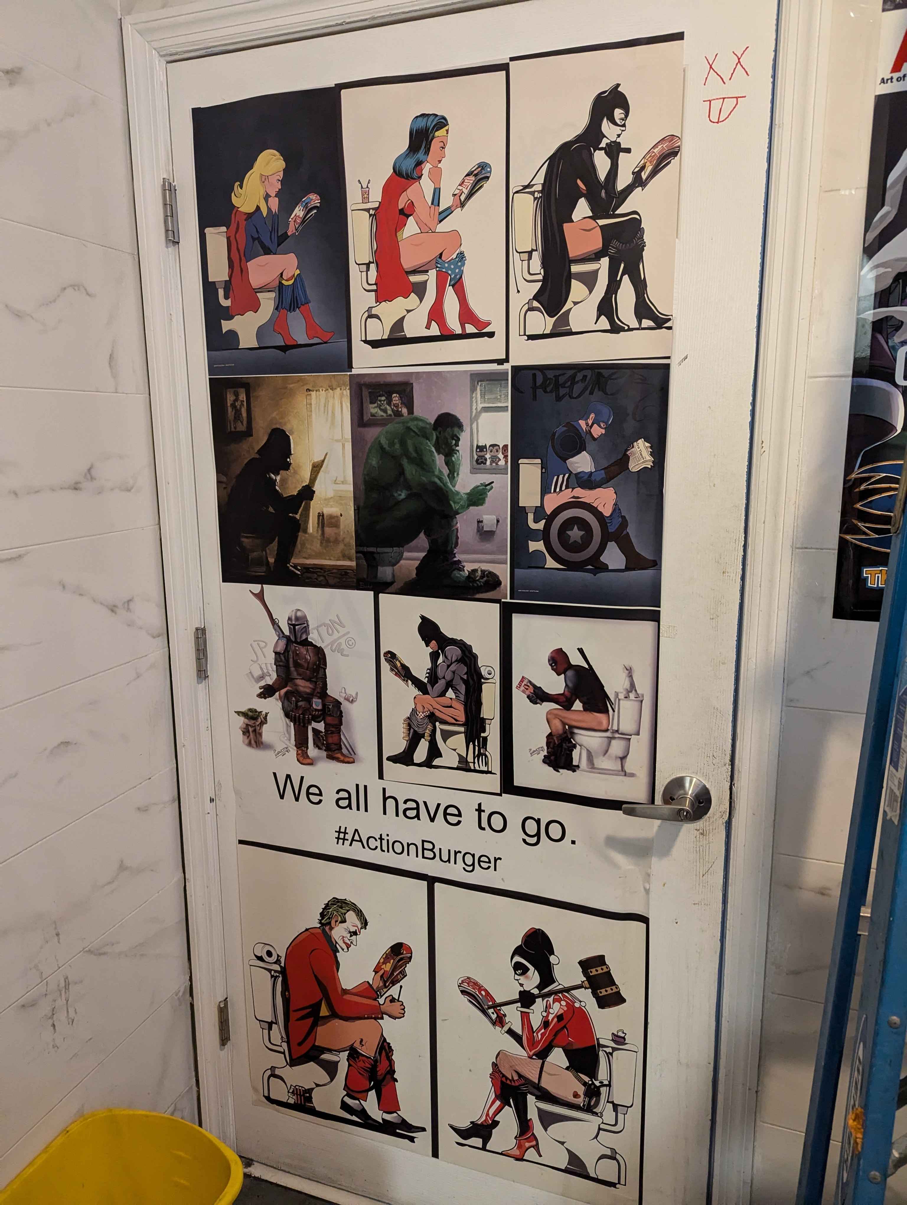 A funny picture in the bathroom of Action Burger.