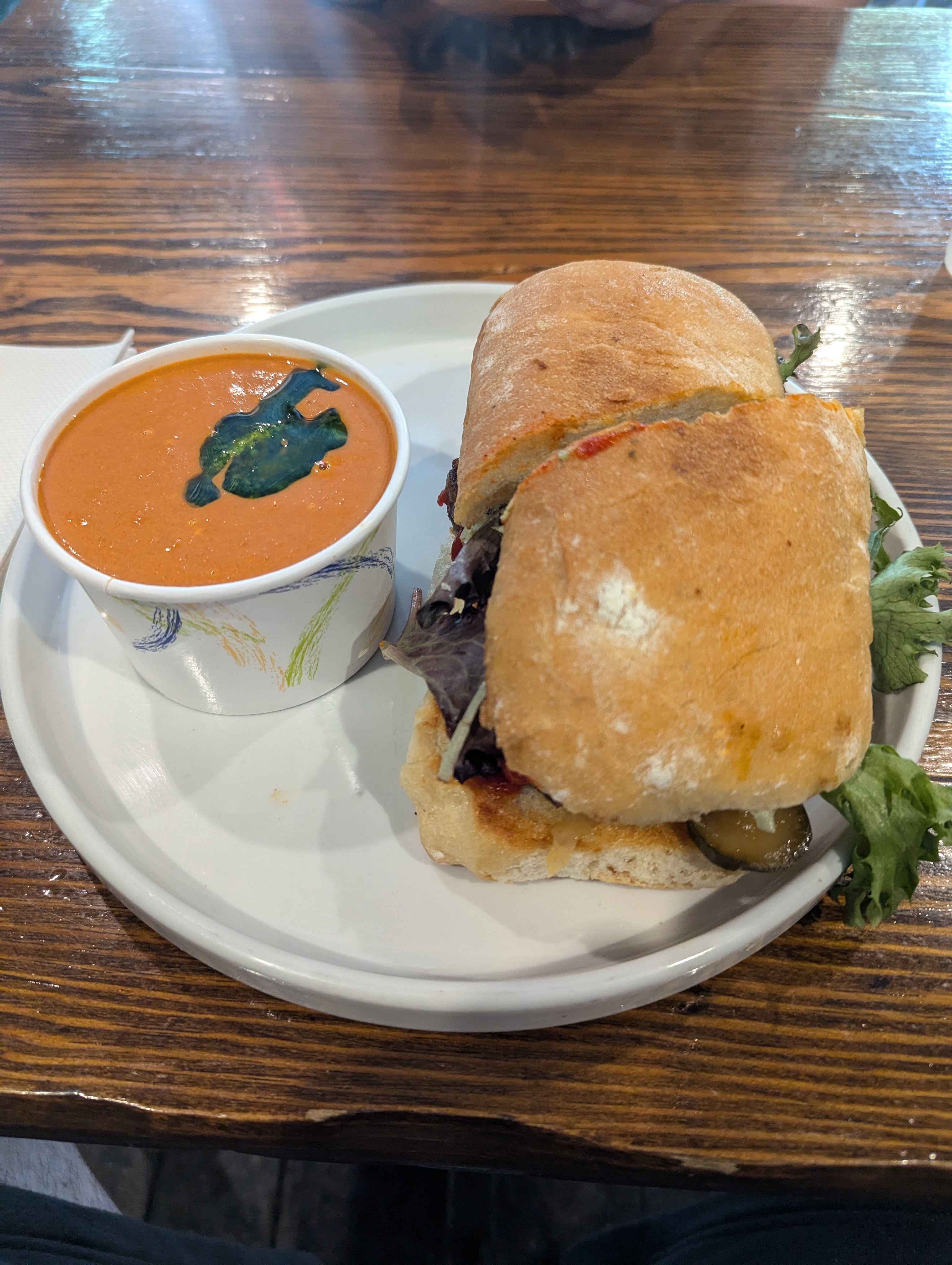 Meatloaf sandwich and tomato soup for lunch.