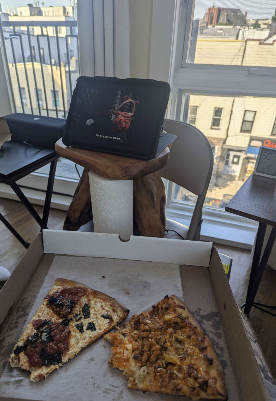 New York style pizza for dinner, eaten off the box cause we haven't unpacked plates yet!