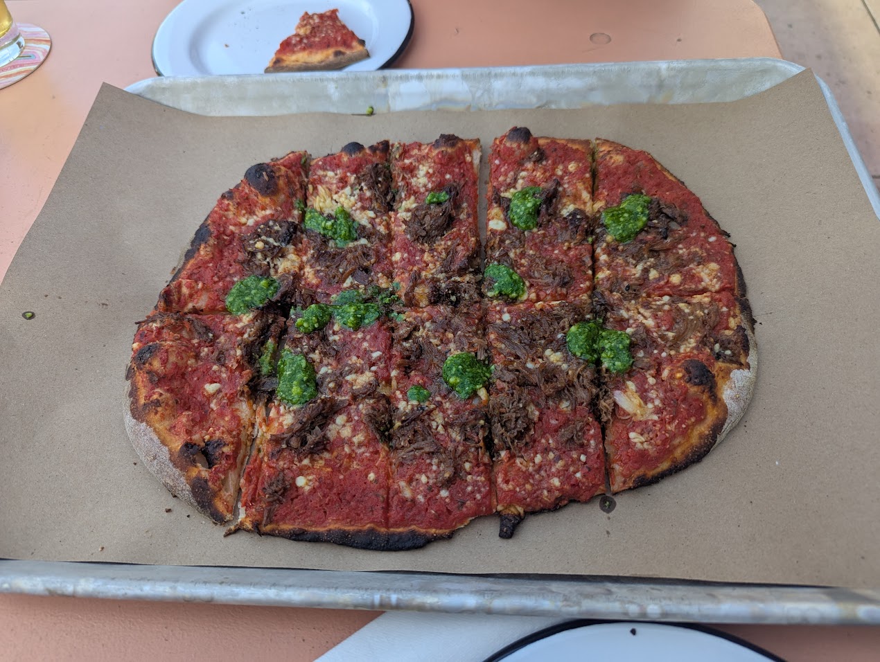 Lamb pizza from a place near our apartment, Lala's pizza. I've never had lamb on pizza but it is very good.