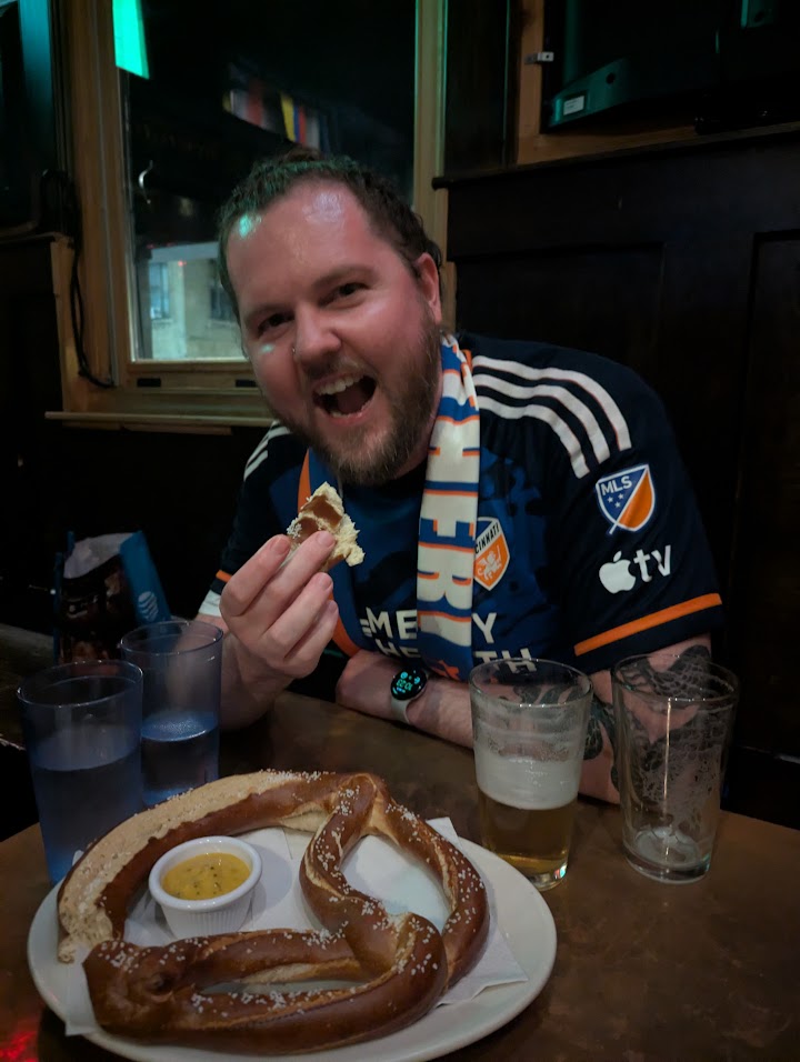 Jacob at his favorite bar Banter watching a FC Cincinnati match. There is a whole supporters group that meets there to watch the matches.