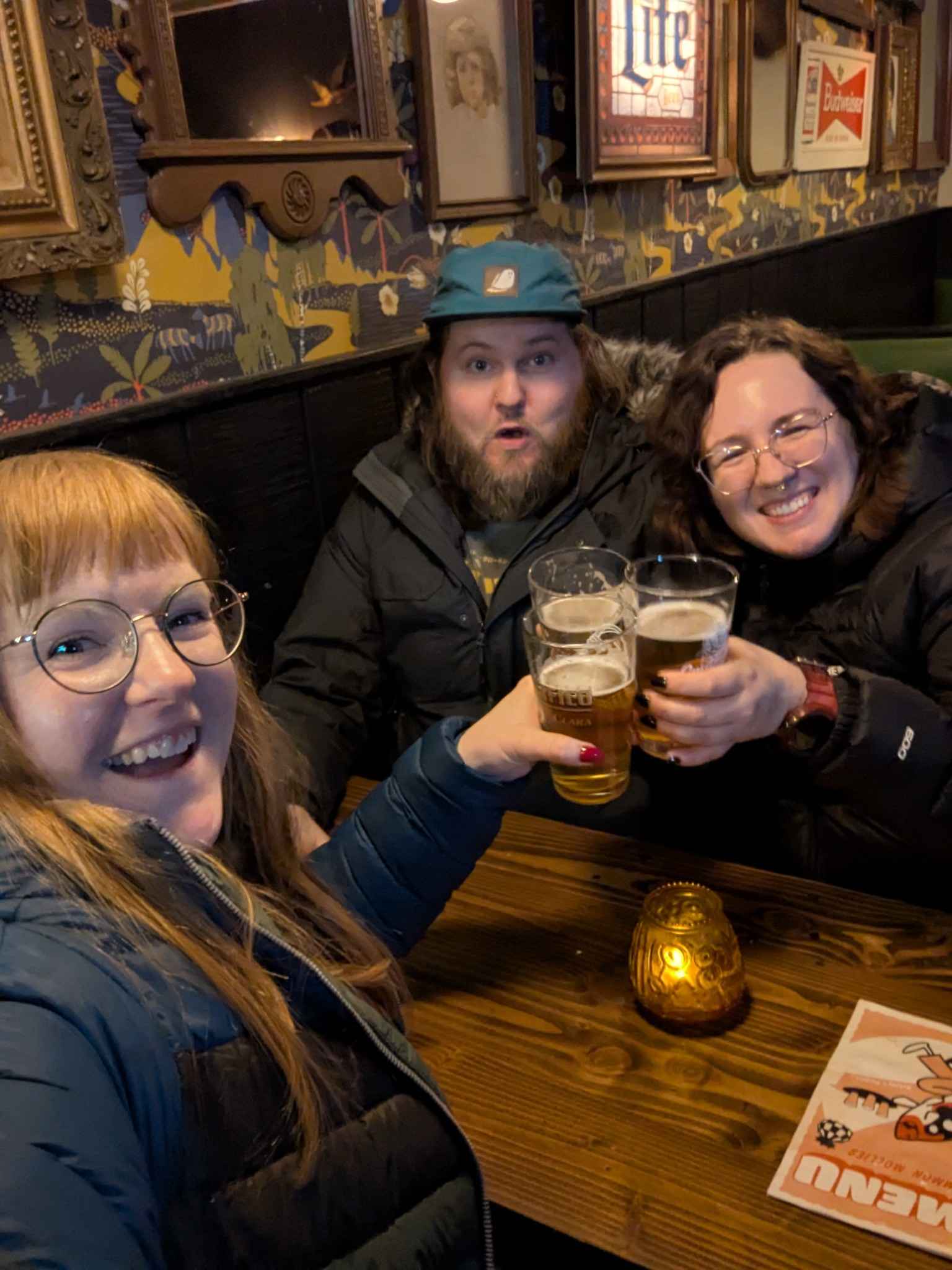 Rachel, Jacob and Jen having a drink at a nearby bar called Common Mollies.