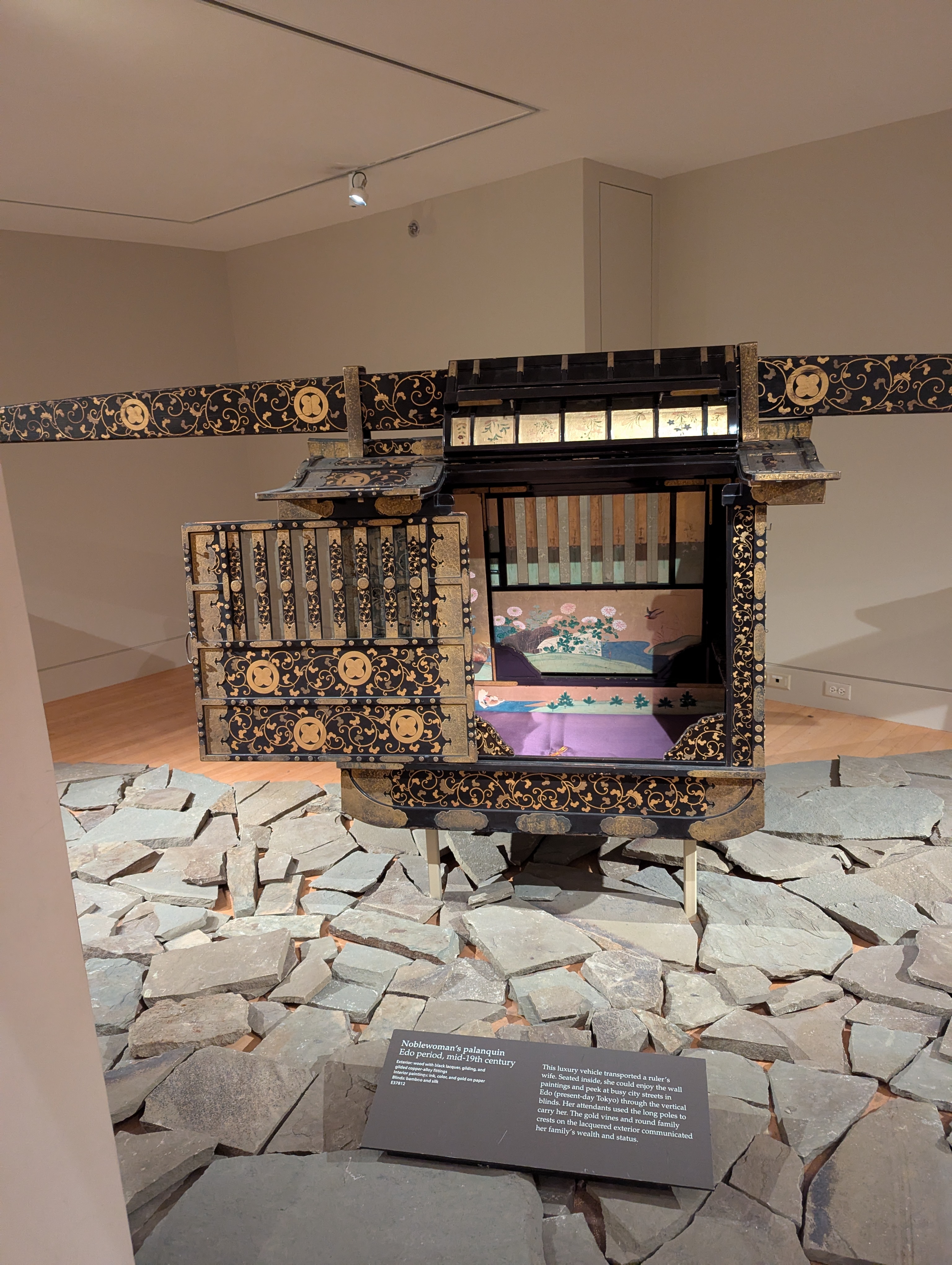 An old Japanese palanquin in the museum, a royal woman would have sat in this and servants carried it to transport her.