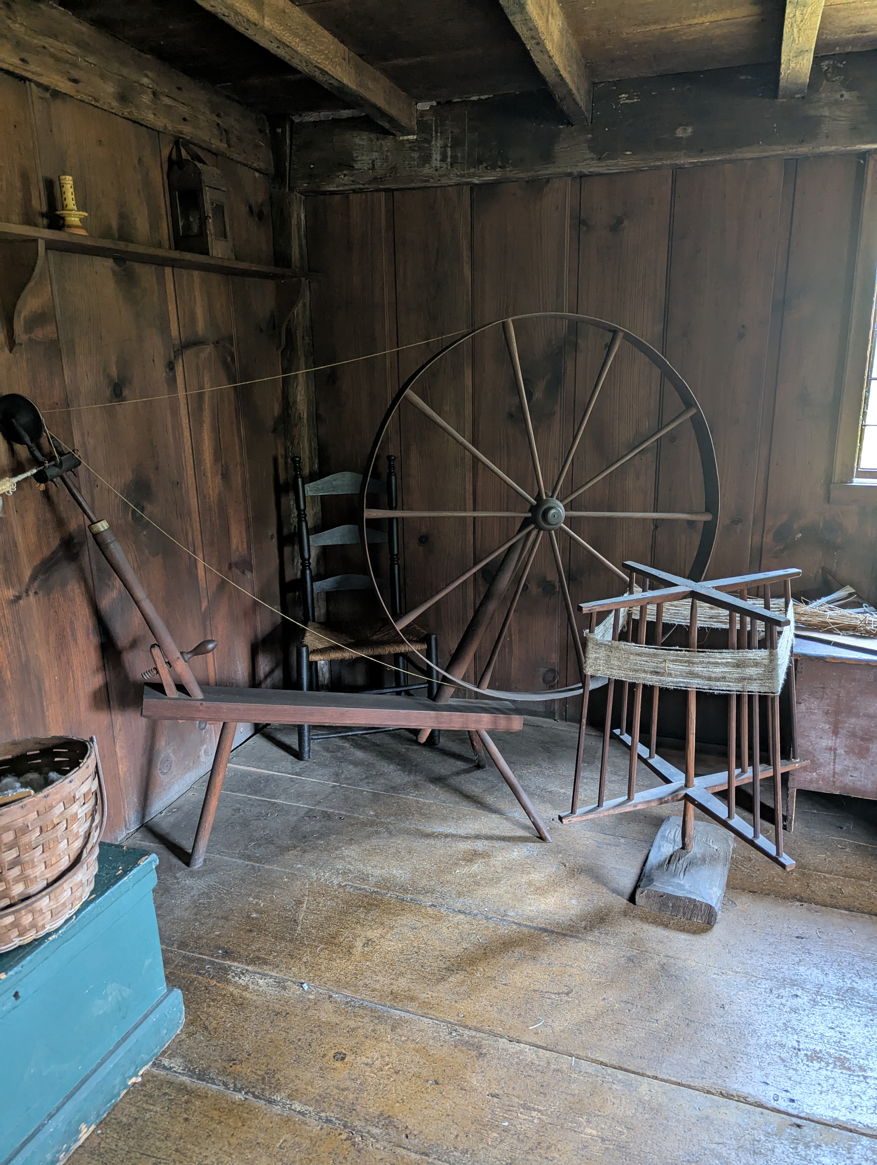 Old spinning wheel in the Nurse home. People would harvest, spin and weave their own cloth from linen and it took a long time!