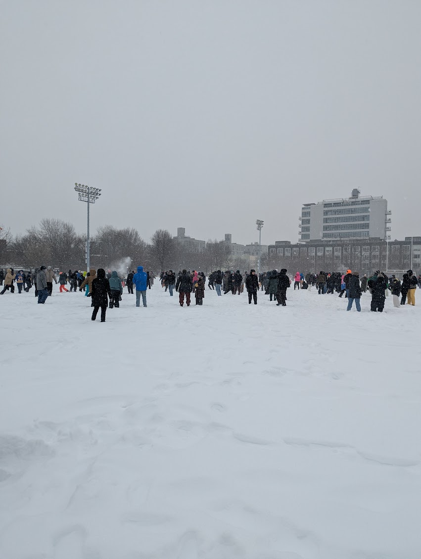 Lots of people showed up for the snowball fight, but the snow didn't pack well so it kind of sucked.
