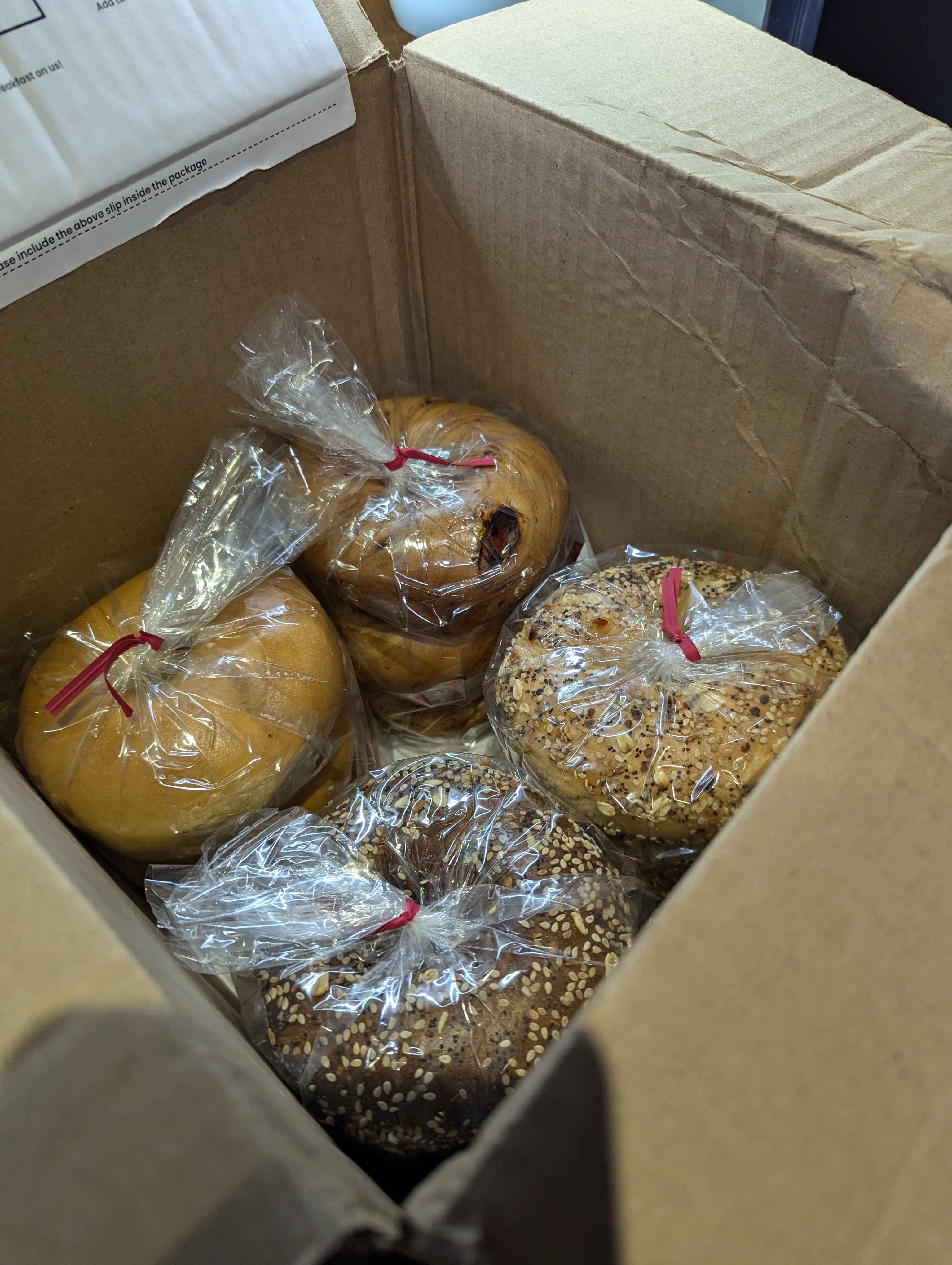 Our friends, Abbie and Ross, sent us some bagels as a welcome gift.